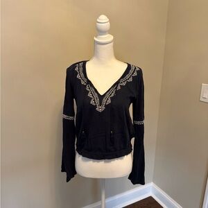 Blue V-Neck Blouse Bell Sleevewith Lace Detail